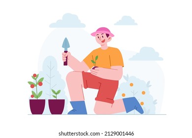 Gardening concept vector Illustration idea for landing page template, Organic farming as grow food, plant harvesting using green and nature ecological, agriculture, local food, Hand drawn Flat Style