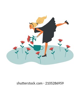 Gardening concept. A young girl collects flowers and watering flowers in her garden. Vector illustration. 