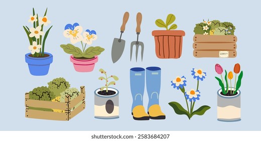 Gardening and countryside lifestyle. Spring hobby. Gardening equipment and tools. Spring greenhouse plants, seedlings. Agriculture vector illustration