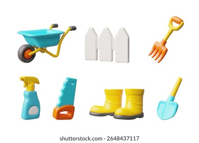 Jardinagem cultivar equipamento 3D plástico estilo cartoon ícones conjunto. Forquilha, carrinho, cerca, botas, pá, serra, spray. Inventário agrícola por volume. Ilustração de renderização de vetor isolada