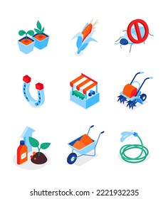 Gardening and cultivation - modern colorful isometric icons set. Potted seedlings, corn cob, insect protection, organic food market, wheelbarrow, hose, plow machine. Farming and village life idea