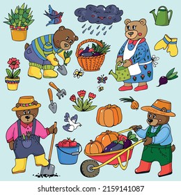 Gardening. Cute bears go to the garden