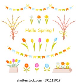 Gardening cute collection of design elements, isolated on white background. Nature clip art. Spring icons set, flat style.