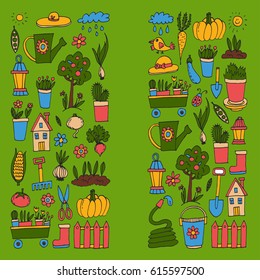 Gardening Cute garden vector set Equipment, plants, vegetables