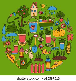 Gardening Cute garden vector set Equipment, plants, vegetables