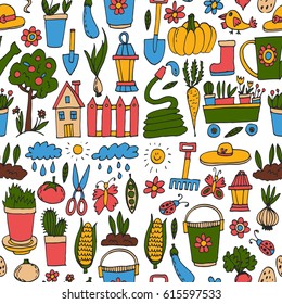 Gardening Cute garden vector set Equipment, plants, vegetables