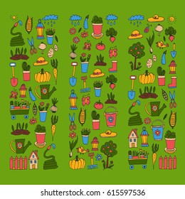 Gardening Cute garden vector set Equipment, plants, vegetables