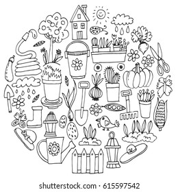 Gardening Cute garden vector set Equipment, plants, vegetables