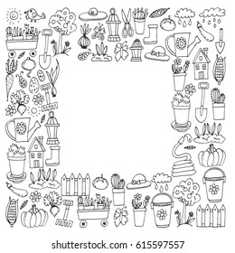 Gardening Cute garden vector set Equipment, plants, vegetables