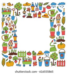 Gardening Cute garden vector set Equipment, plants, vegetables