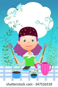 Gardening. Cute little girl planting little vegetable garden. Great illustration for school books. magazines, advertising and more. VECTOR.