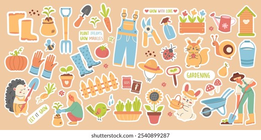 Сollection gardening cute stickers flat design