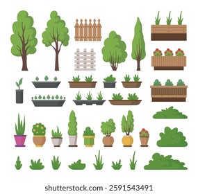 Gardening design element decorative greenery plant for landscape decoration set vector flat illustration. Green tree bush grass potted flower grow blossom agriculture nature summer decor environment