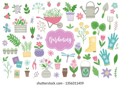 Gardening design elements - flowers, pot, shovel, rake, gumboots, gloves, sprout, roses, leaves, truck, can, pot, seeds, butterfly and dragonfly isolated on white background 