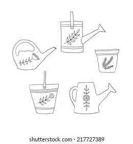 gardening design elements, pail, pot, watering can