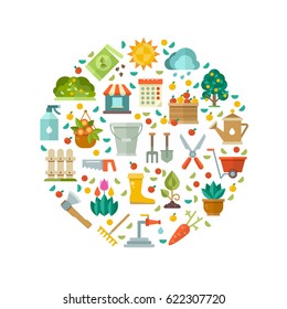 Gardening design with garden tools, vegetable seeds and flowers vector icons