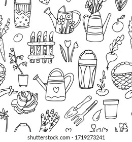 Gardening doodle ink vector seamless pattern with cabbage head, watering cans, picket fence, buckets, flowers, fruits, vegetables, trowel, fork, seedlings. Great for fabrics, wrapping papers, covers. 