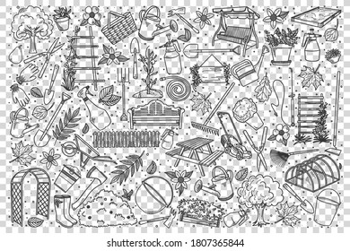 Gardening doodle set. Collection of hand drawn patterns templates of various tools equipment and facilities for garden or farming and agriculture. Freehand vector sketches on transparent background.