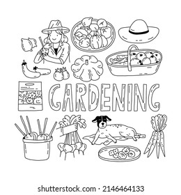 Gardening doodle vectorial line clip art, conjunto de elementos, iconos. Aislado sobre fondo blanco. Hortalizas ecológicas, frutas, equipamiento, herramientas. Hobby de verano.