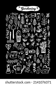 Gardening doodle vector set illustration with black background