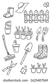 Gardening doodles. Set of black and white vector illustrations.