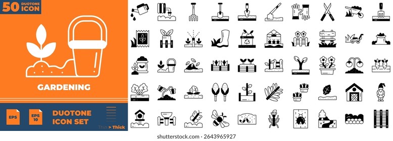 Gardening Duotone Editable Icons set. Vector illustration in modern thin duotone style of gardening icons: plant, gardener, sprout, etc