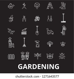 Gardening editable line icons vector set on black background. Gardening white outline illustrations, signs, symbols