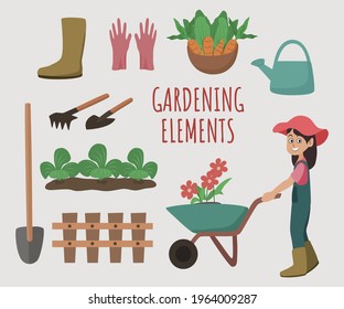 Gardening elements clipart vector design. Garden, vegetables, flowers, cultivating,farming, agriculture, landscape.