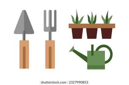 Gardening elements collection. Illustration of the summer gardening. Collection with gardening equipment