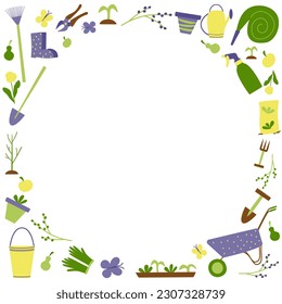 Gardening elements collection on white background. Spring vector flat template for banner, flyer, greeting card. Hand drawn illustration. 