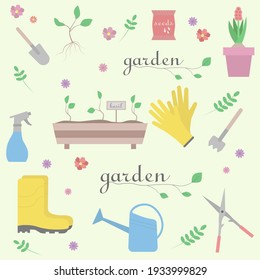 Gardening elements collection. Seamless pattern of greens, flowers, pot, rubber boots, watering can, shovel, seeds.