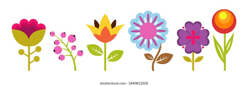 Gardening elements. Flat flowers, spring floral elements. Isolated colorful nature icons, blooming plants vector set