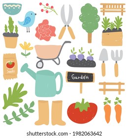 Gardening elements in hand drawn style. Garden tools icons. Vector illustration.