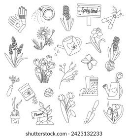 Gardening elements illustration - black and white vector elements hand drawn on a white background. Flat isolated gardening design elements. Spring set for gardening and floriculture.