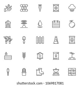 Gardening elements outline icons set. linear style symbols collection, line signs pack. vector graphics. Set includes icons as rose flower in hand, honeycomb, carrot, flowers seed packet, greenhouse