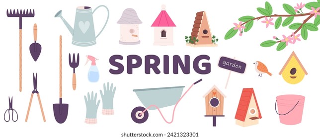 Gardening elements. Springtime, summer garden tools and equipment. Blossom branch with flowers and bird, wooden birdhouses, vector clipart