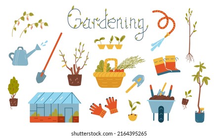 Gardening elements vector set. Illustrations of gardening equipment, seedlings, greenhouse, lettering isolated on white. 