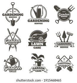 Gardening emblems. Vintage gardening, lawn care, groundwork and landscaping badges. Garden work labels isolated vector illustration set. Gardening service, company logo collection