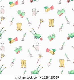 Gardening endless pattern on grey. Wheelbarrow, rubber boots, shovel, rake, mittens, watering can, planting hands ink hand drawn colorful art design element stock vector illustration for web, for prin