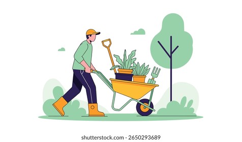 Entusiasta empurrando a roda cheia de plantas e ferramentas para a preparação do jardim da primavera