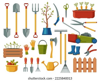 Gardening equipment. Abstract cartoon garden tools with pitchfork spade watering can trowel gloves shovel rake, agriculture farming symbols. Vector set. Growing trees, vegetables and fruit