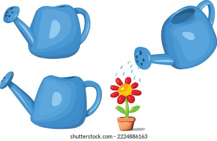 Gardening equipment: Blue watering can in three different views and one of them is watering the flower in the pot.