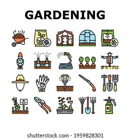 Gardening Equipment Collection Icons Set Vector. Glass And Polycarbonate Greenhouse Construction, Gardening Tool And Instrument Concept Linear Pictograms. Harvest Contour Illustrations