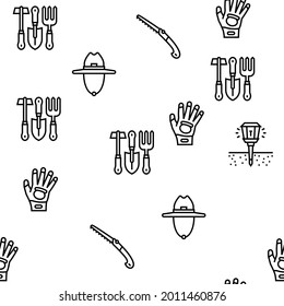 Gardening Equipment Collection Icons Set Vector. Glass And Polycarbonate Greenhouse Construction, Gardening Tool And Instrument Black Contour Illustrations
