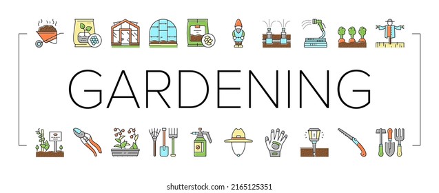 Gardening Equipment Collection Icons Set Vector. Glass And Polycarbonate Greenhouse Construction, Gardening Tool And Instrument Concept Linear Pictograms. Harvest Contour Illustrations