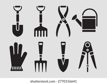 Gardening equipment hand tools solid icons suited for plant care guides landscaping content and outdoor lifestyle branding visuals