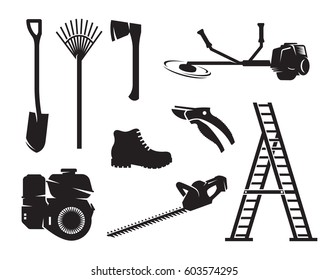 Gardening equipment icons. Black on a white background