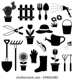 Gardening equipment icons in black and white