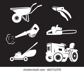 Gardening equipment icons. White on a black background