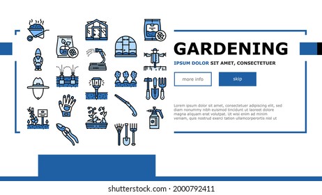 Gardening Equipment Landing Header Vector. Glass And Polycarbonate Greenhouse Construction, Gardening Tool And Instrument Illustration